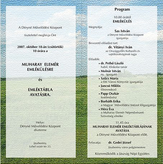 Muharay Elemér emlékülés és emléktábla avatás - meghívó, belső oldal