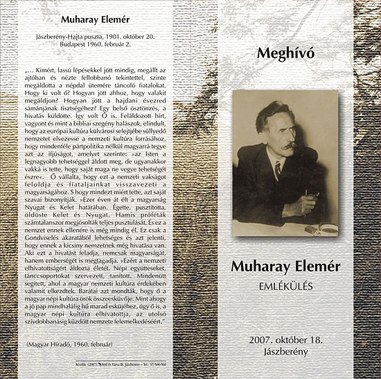 Muharay Elemér emlékülés és emléktábla avatás - meghívó, külső oldal